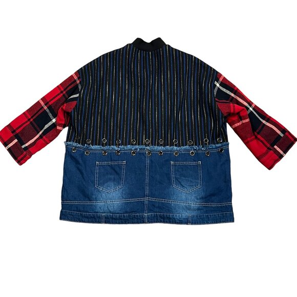 Women’s Oversized Mixed Plaid Denim Jacket, Pockets, OS - Picture 5 of 11
